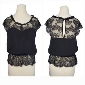 VTG Y2K Express Babydoll Sweetheart Lace Mesh Peplum Silk Top M Black Festival